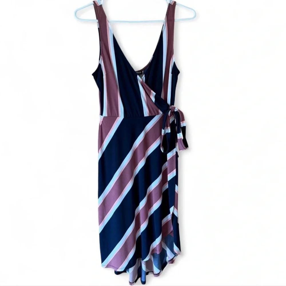 Express Striped Faux Wrap Asymmetrical Dress Navy Pink White Size Small Petite - Picture 3 of 11